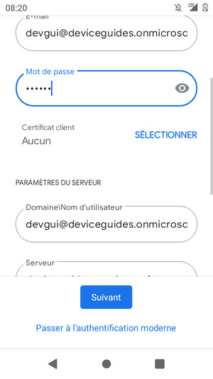 Saisissez votre mot de passe et l'adresse du serveur Exchange. Sélectionnez Suivant