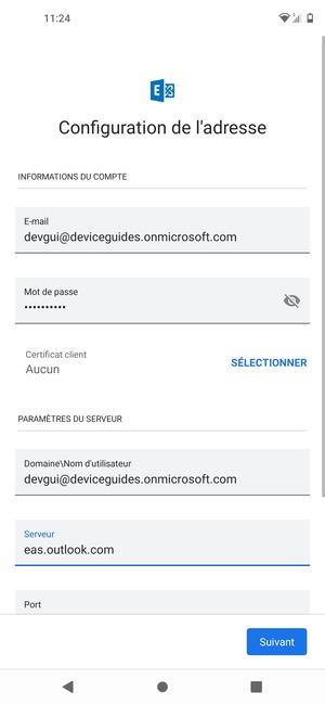 Saisissez votre Nom d'utilisateur et l'adresse du serveur Exchange. Sélectionnez Suivant