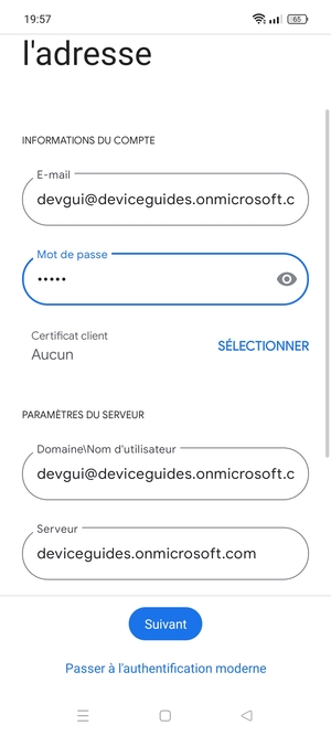 Saisissez votre Nom d'utilisateur et l'adresse du serveur Exchange. Sélectionnez Suivant