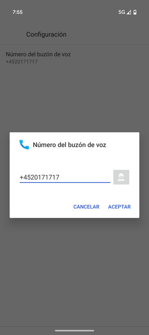 Introduzca el Número del buzón de voz y seleccione ACEPTAR