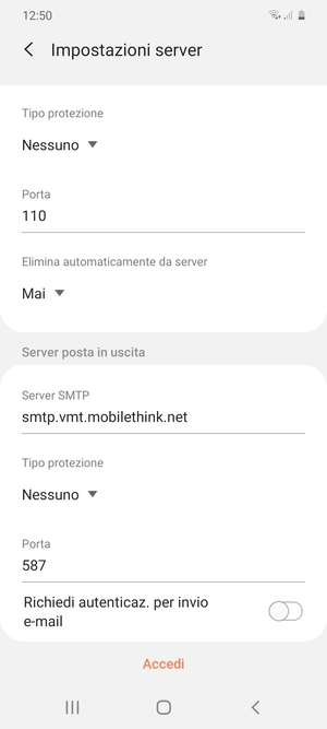 Disattiva Richiedi autenticaz. per invio e-mail e seleziona Accedi