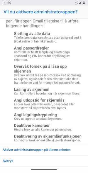 Bla til og velg Aktiver administratorappen på denne enheten