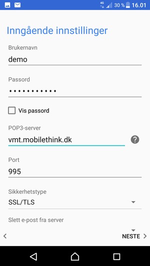 Skriv inn Brukernavn og innkommende serveradresse
