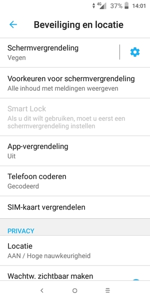 Om de pin voor de simkaart te wijzigen, keert u terug naar het menu Beveiliging en locatie en scrollt u naar en selecteert SIM-kaart vergrendelen
