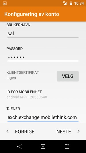 Skriv inn BRUKERNAVN og Exchange serveradresse. Velg NESTE
