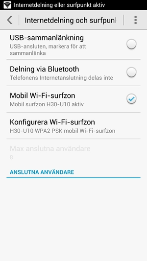 Din telefon har nu ställts in för att kunna användas som ett modem