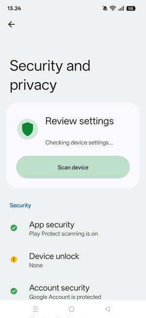 To activate your screen lock, go to the Security and privacy menu and select Device unlock