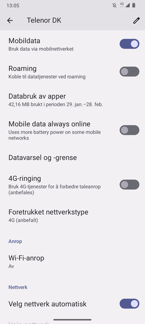 For å bytte nettverk hvis det oppstår nettverksproblemer, slå av Velg nettverk automatisk