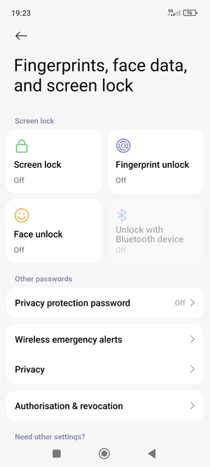 To activate your screen lock, return to the Fingerprints, face data, and screen lock menu and select Screen lock