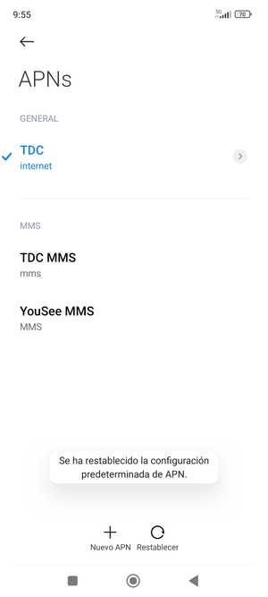 El teléfono se reiniciará con la configuración predeterminada de Internet y MMS