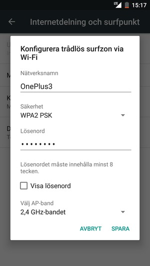 Ange ett lösenord för Wi-Fi-hotspoten, bestående av minst 8 tecken och välj SPARA