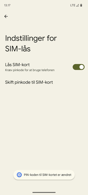 Din PIN-kode til SIM-kort er nu ændret