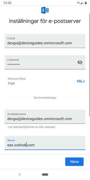 Ange Användarnamn och Exchange serveradress. Välj NÄSTA