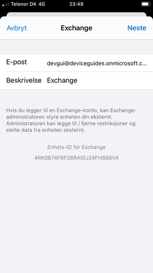 Skriv inn Exchange e-postinformasjon og velg Neste