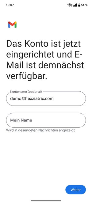 Geben Sie Ihrem Konto einen Namen und geben Sie Ihren Namen ein. Wählen Sie Weiter