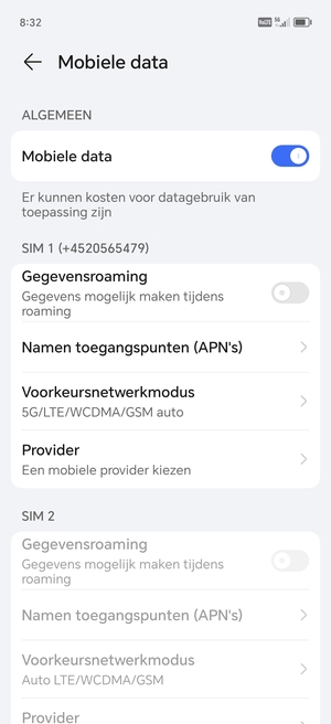 Scroll naar SIM 1 of SIM 2 en selecteer Voorkeursnetwerkmodus