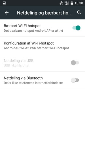Din telefon er nu sat op til brug som modem