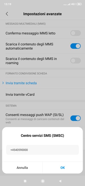 Inserisci il numero di Centro servizi SMS (SMSC) e seleziona OK