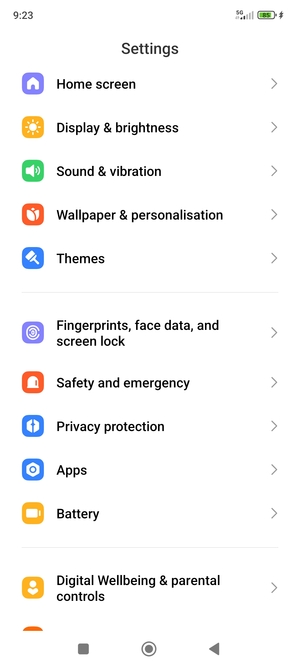 Scroll to and select Fingerprints, face data, and screen lock