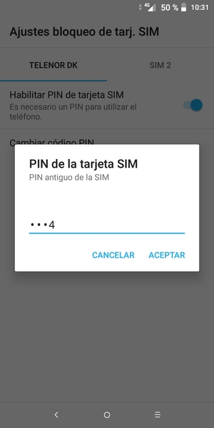Introduzca su PIN antiguo de la SIM y seleccione ACEPTAR