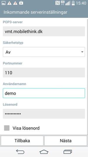 Ange Inkommande-serveradress och Användarnamn. Välj Nästa