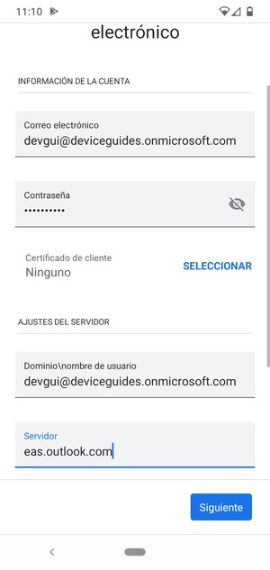 Introduzca Siguiente y la dirección de servidor Exchange. Seleccione Siguiente