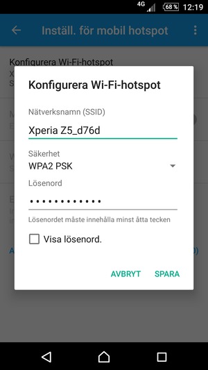 Ange ett lösenord för Wi-Fi-hotspoten, bestående av minst 8 tecken och välj SPARA