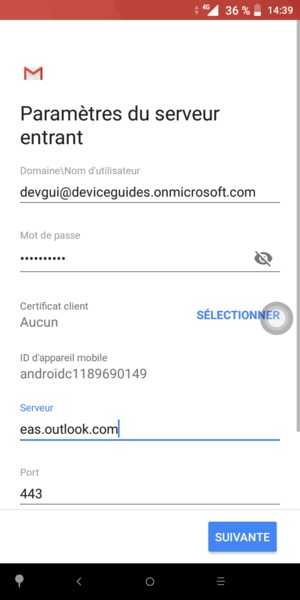Saisissez votre Nom d'utilisateur et l'adresse du serveur Exchange. Sélectionnez SUIVANTE