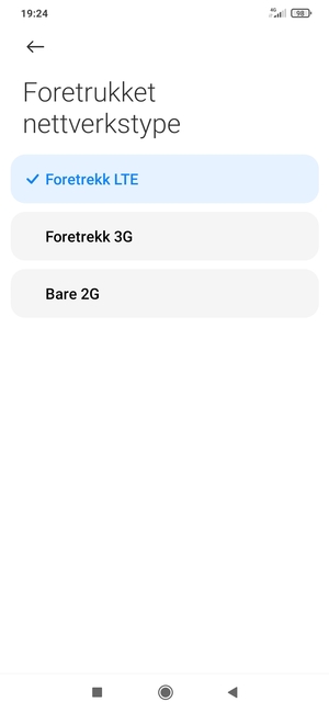 Velg ønsket alternativ
