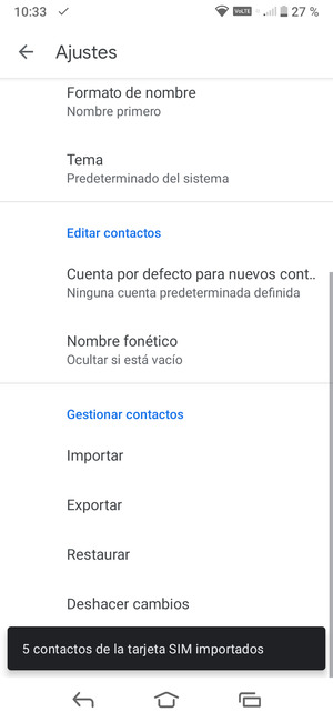 Sus contactos se guardarán en su cuenta de Google y se guardarán en su teléfono la próxima vez que Google sea sincronizado.