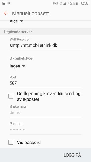 Fjern krysset i avkrysningsboksen Godkjenning kreves før sending av e-poster og velg LOGG PÅ