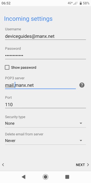 Enter Username and Incoming server address