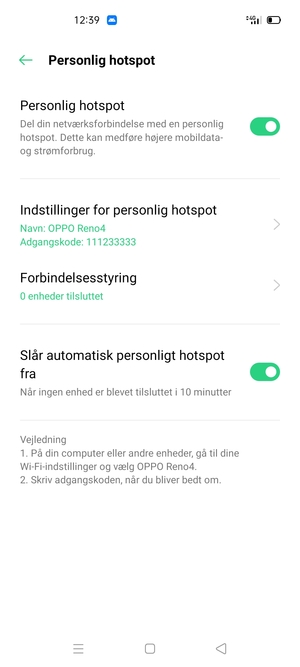 Din telefon er nu sat op til brug som modem
