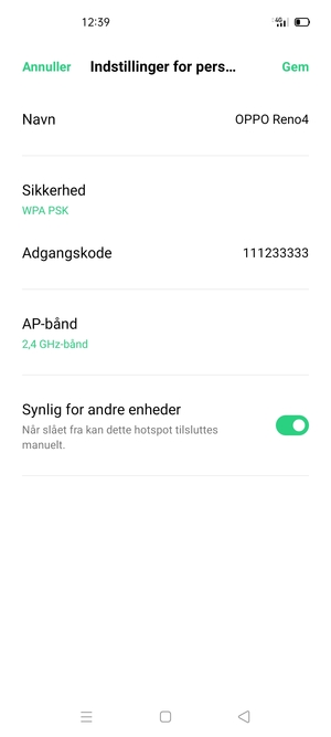 Indtast en Wi-Fi-hotspot adgangskode på minimum 8 tegn og vælg Gem