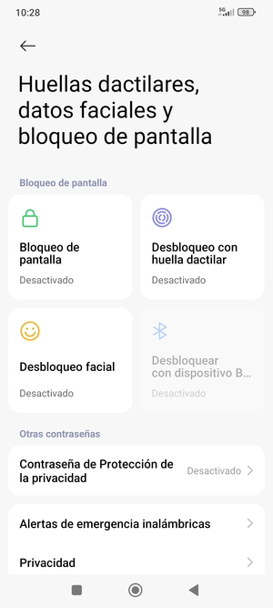 Para activar su bloqueo de pantalla, vaya al menú Huellas dactilares, datos faciales y bloqueo de pantalla y seleccione Bloqueo de pantalla