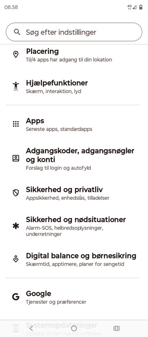Scroll til og vælg Sikkerhed og privatliv