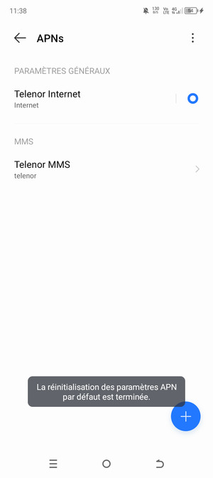 Votre téléphone va être réinitialisé avec les paramètres Internet et MMS par défaut