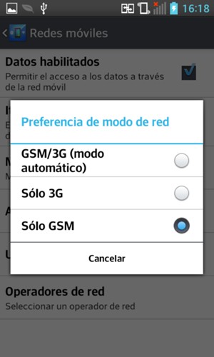 Seleccione Sólo GSM para habilitar 2G