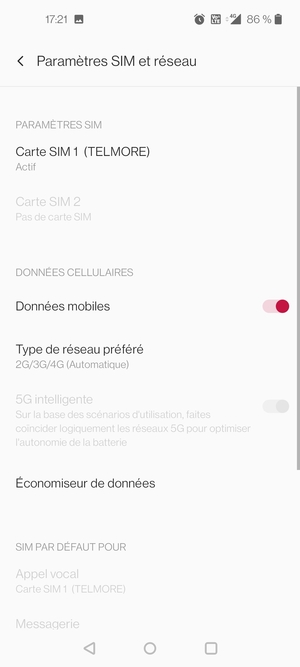Sélectionnez Carte SIM 1 ou Carte SIM 2