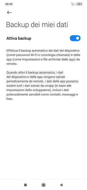 Seleziona il tasto Indietro