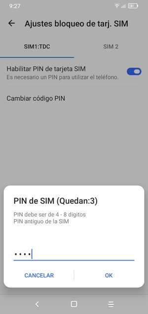 Introduzca su PIN antiguo de la SIM y seleccione OK
