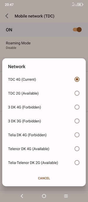 Select a network operator from the list