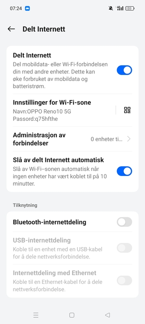 Telefonen din er konfigurert for bruk som et modem
