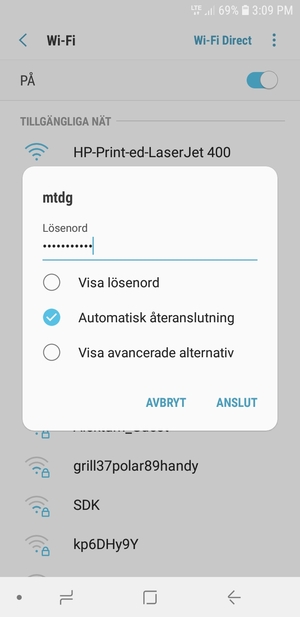 Ange lösenord till Wi-Fi och välj ANSLUT