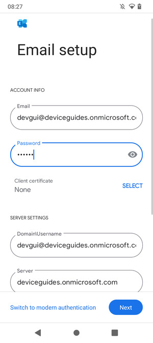Enter Username and Exchange server address. Select Next