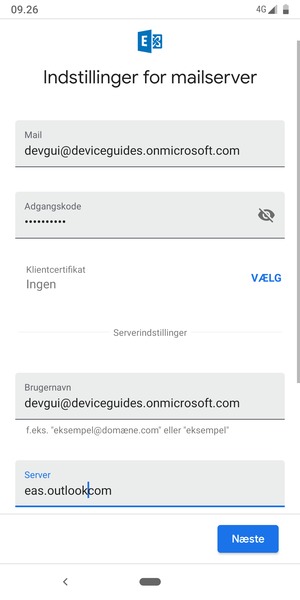 Indtast Brugernavn og Exchange serveradresse. Vælg Næste