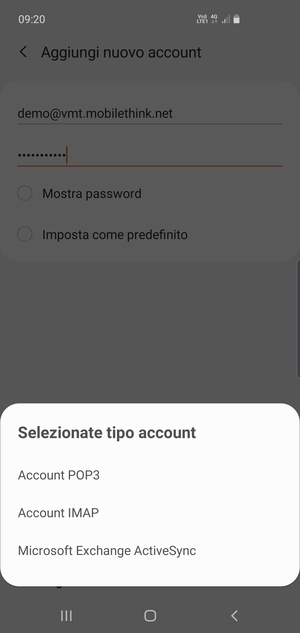 Seleziona Account POP3 o Account IMAP
