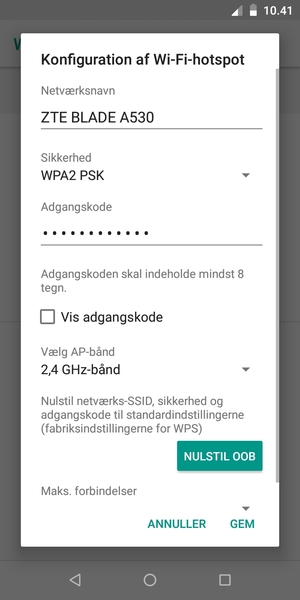 Indtast en Wi-Fi-hotspot adgangskode på minimum 8 tegn og vælg GEM