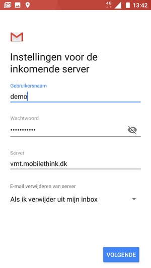 Voer Gebruikersnaam en binnenkomend serveradres in. Selecteer VOLGENDE