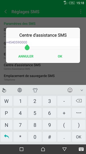 Saisissez le numéro du Centre d'assistance SMS et sélectionnez OK